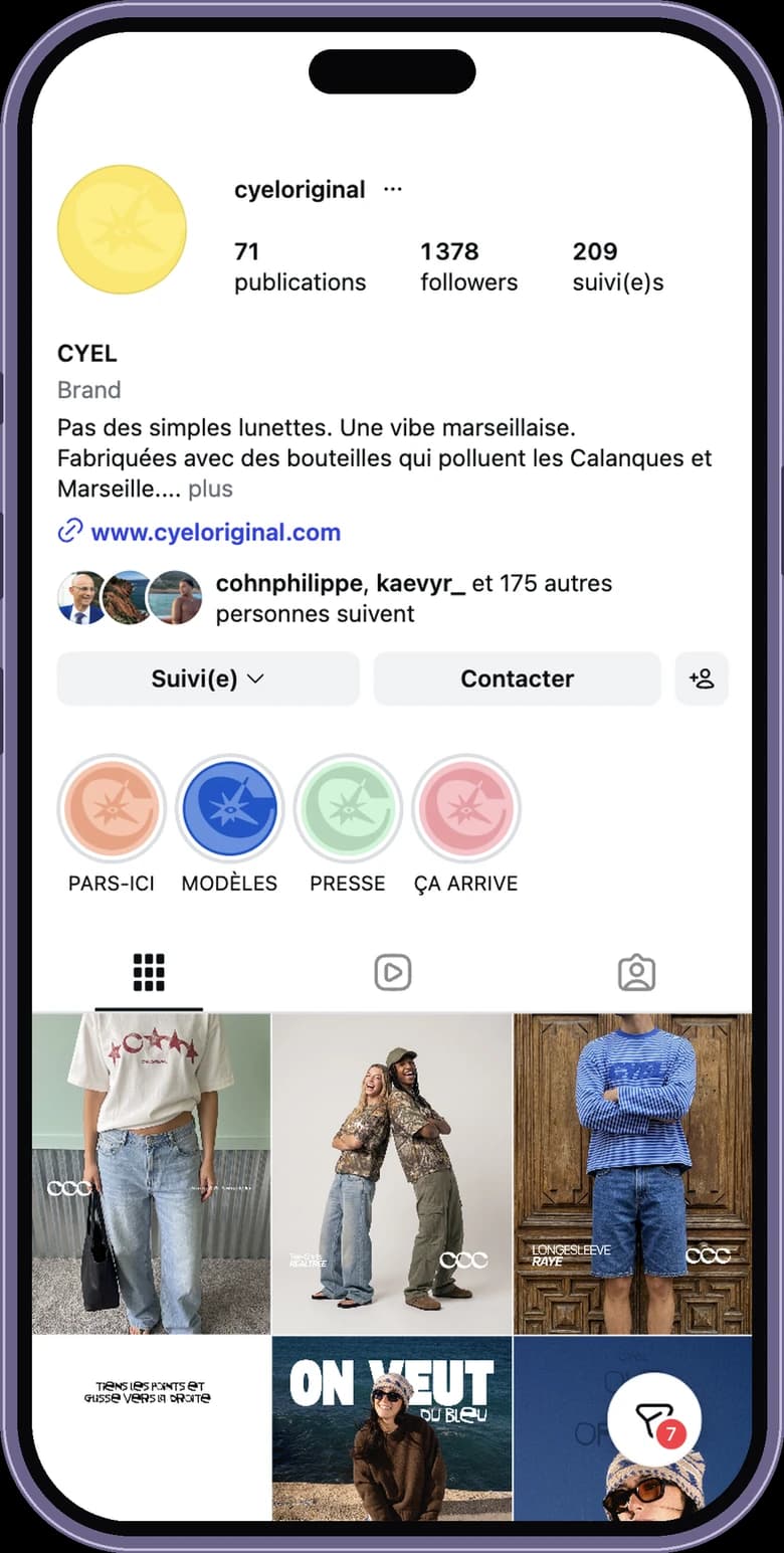 Le profil Instagram CYEL sur iPhone