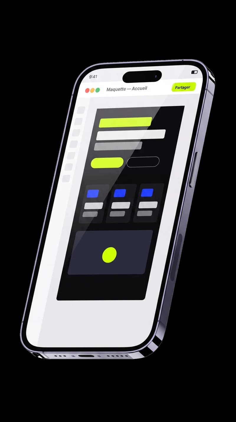 Maquette du site affichée sur un iPhone
